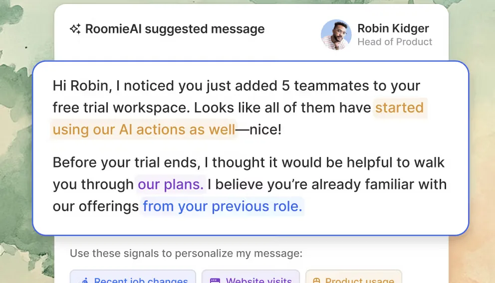 Common Room RoomieAI suggested message personalised with job change, website visit and product usage signals