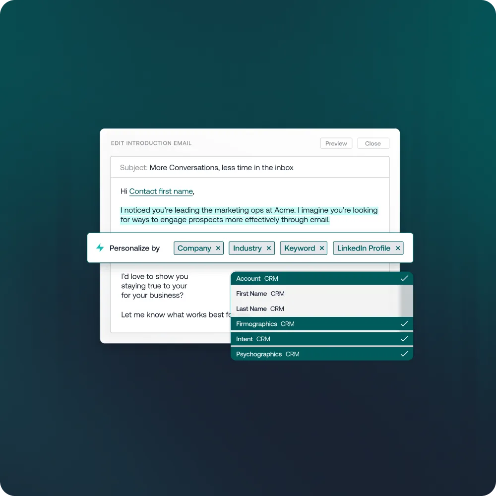 6sense email editor personalising an introduction email by company, industry, keyword and LinkedIn profile