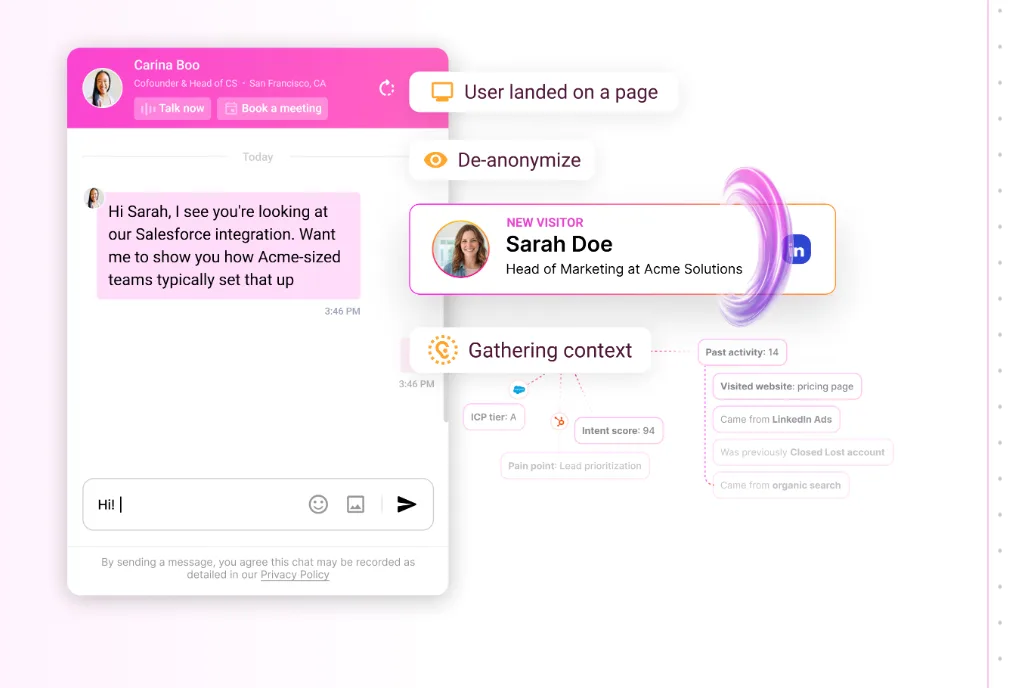 Warmly chat window de-anonymising a website visitor and gathering context as the visitor lands on a page