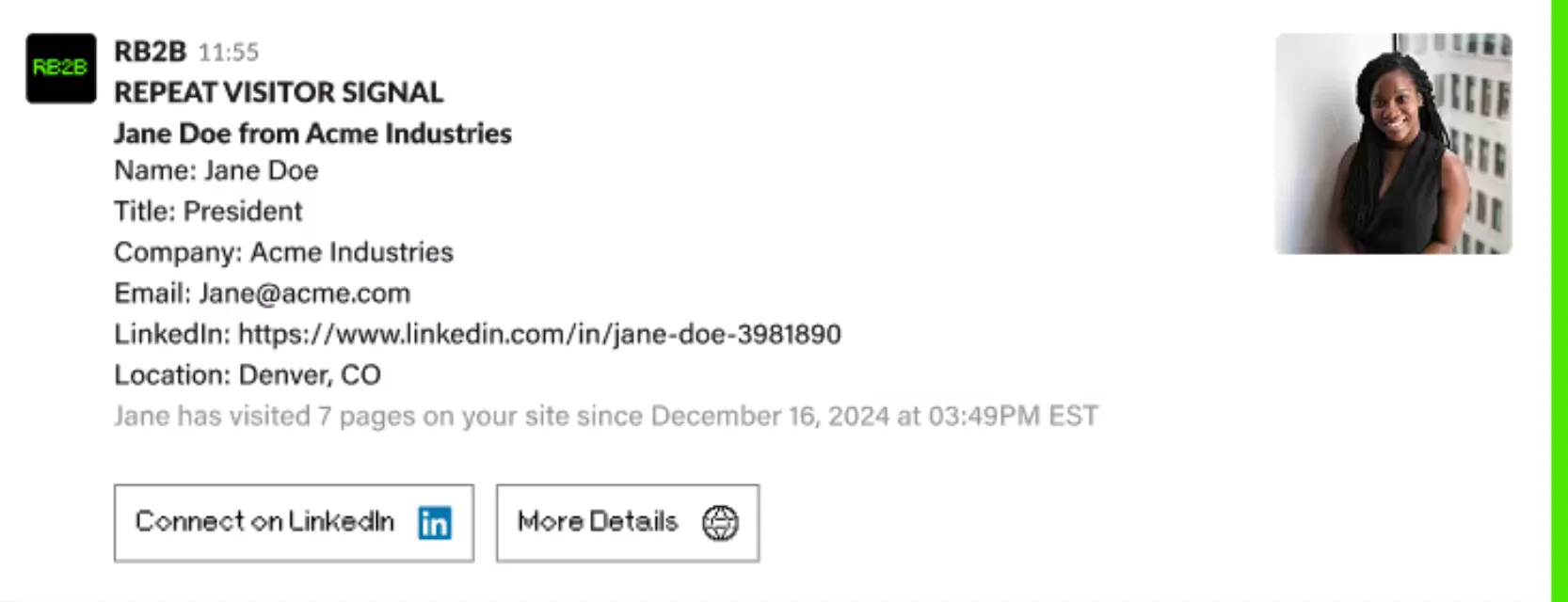 RB2B repeat visitor signal in Slack showing the visitor name, title, company, email and LinkedIn profile
