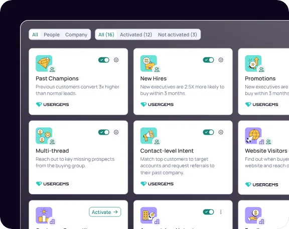 UserGems signal library with cards for past champions, new hires, promotions, multi-thread and website visitors