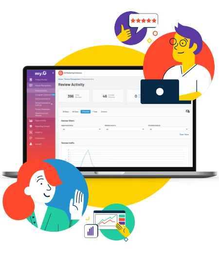 G2 illustration of two people around a laptop showing a review activity dashboard