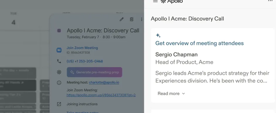 Apollo.io meeting view for a discovery call with an overview of the meeting attendees