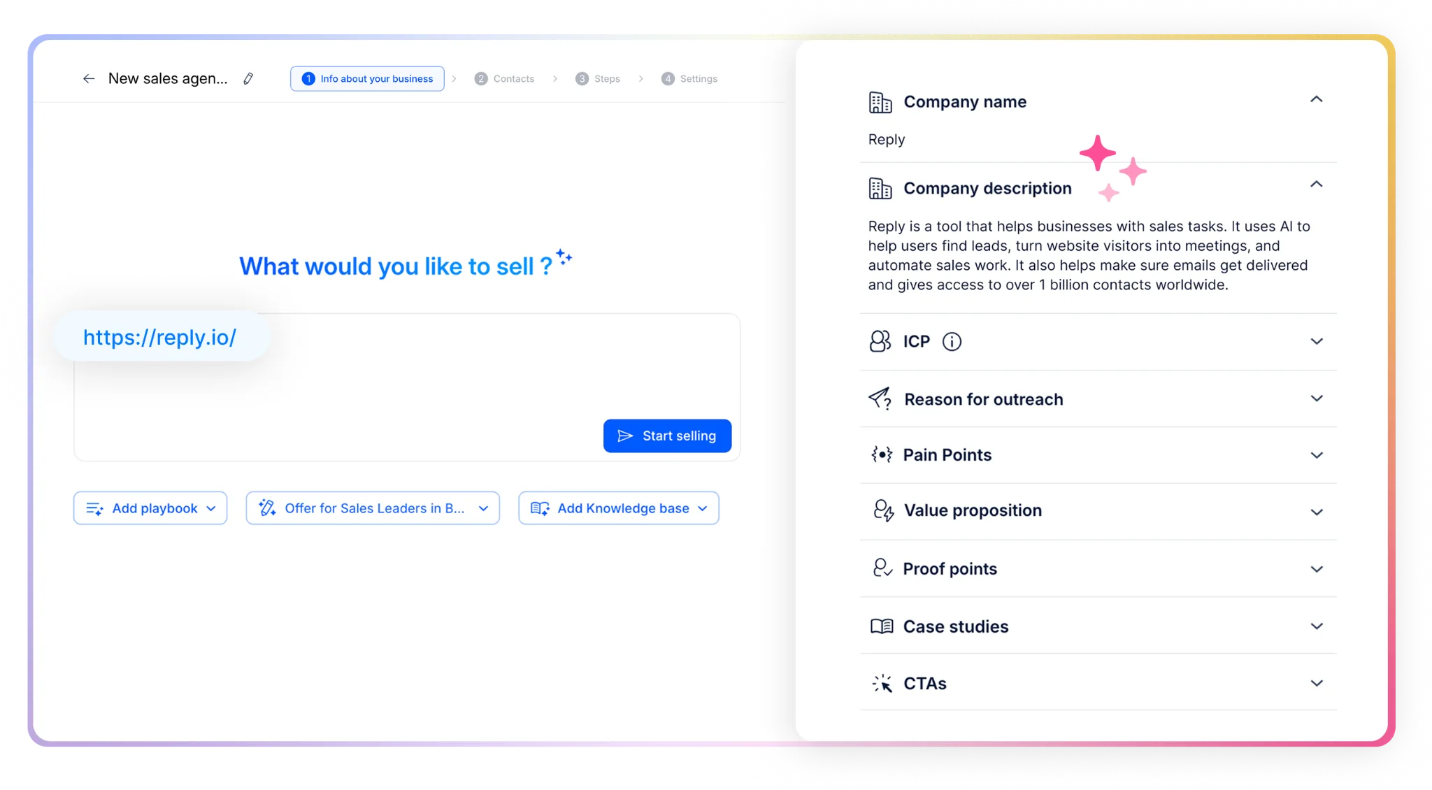Reply.io sales agent setup asking “What would you like to sell?” beside a generated company profile