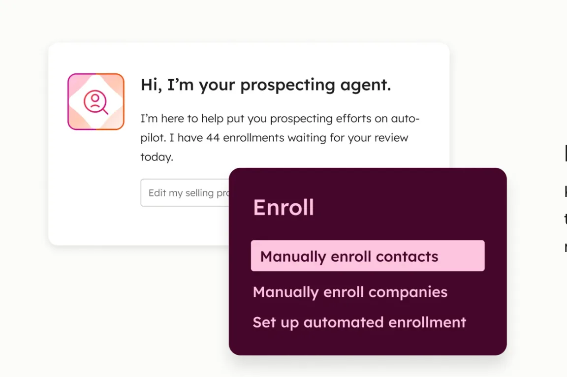 HubSpot prospecting agent offering to manually enroll contacts, enroll companies, or set up automated enrollment
