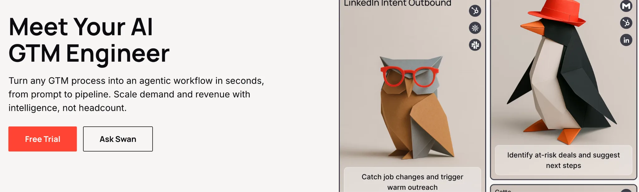 Swan homepage with the headline “Meet Your AI GTM Engineer” beside origami owl and penguin agent cards
